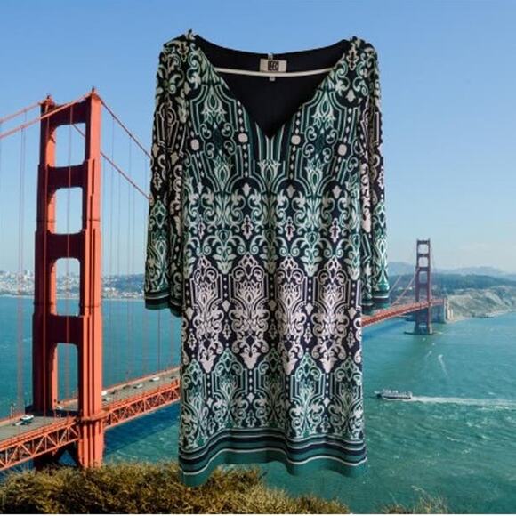 Laundry by Design 8 3/4 sleeve blue & green polyester blend stretch lined dress - Picture 1 of 1